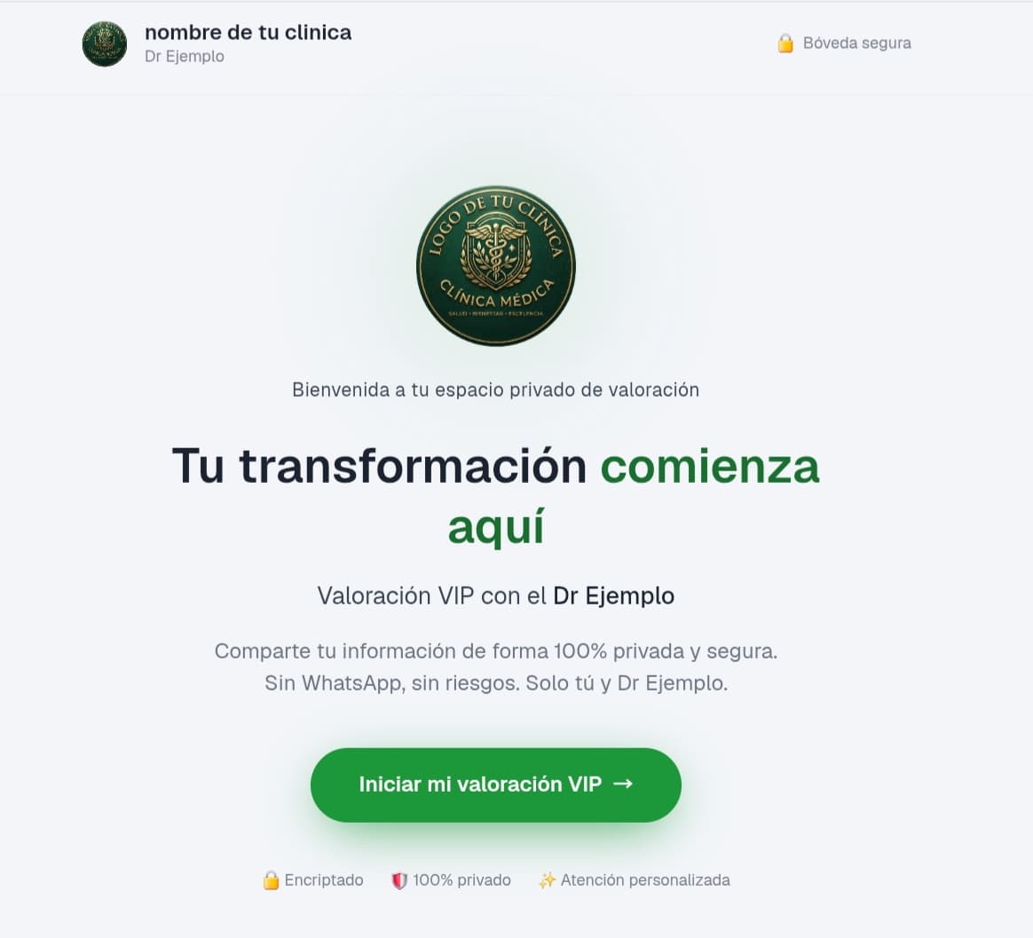Pantalla de bienvenida del portal del paciente, con el logo y el nombre de la clínica arriba, el mensaje 'Tu transformación comienza aquí' y el botón 'Iniciar mi valoración VIP'.